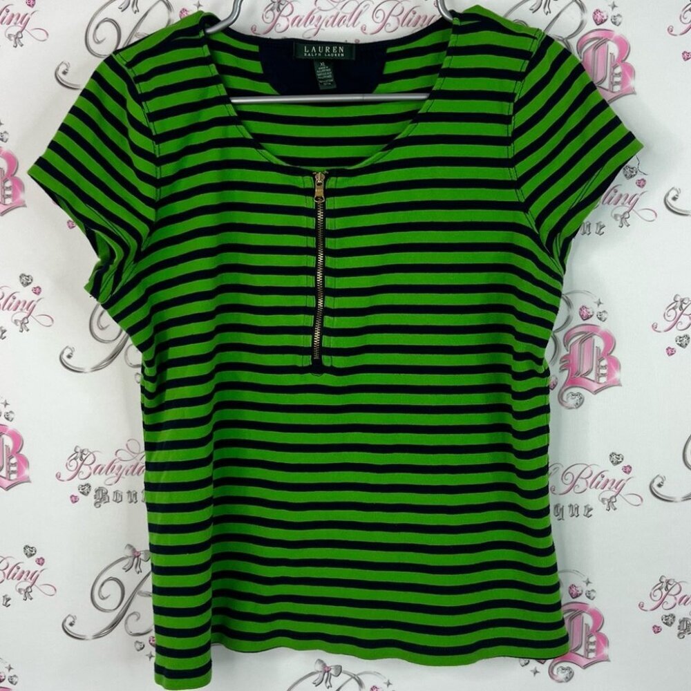 Ralph Lauren tshirt tee stripes zipper Black and Green Striped Short Sleeve Tee